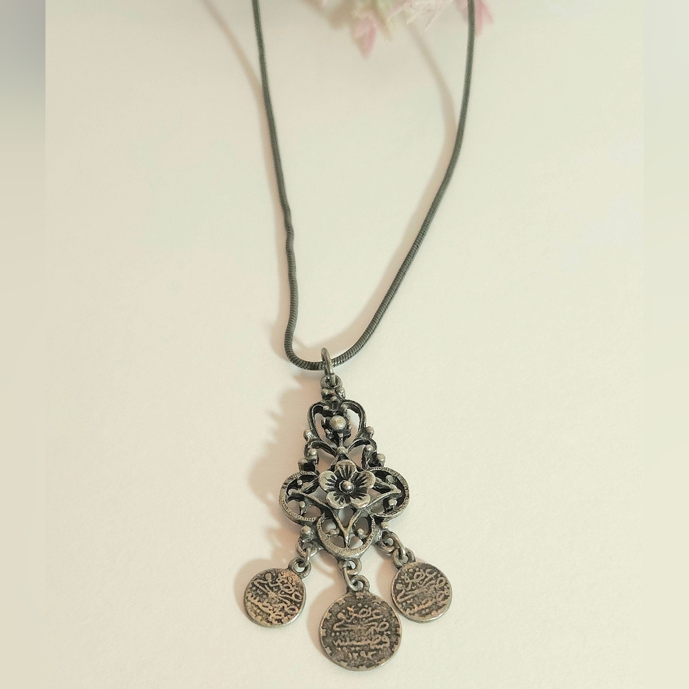 Vintage Matte Silver Floral Turkish Coin Dangle Pendant Necklace 18" Chain